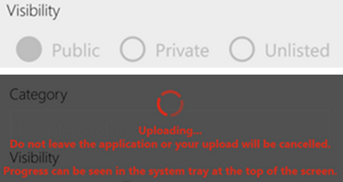 At top, the app&#039;s UI makes these buttons appear greyed out although they are active; on bottom, the app will not upload video if it is being run in the background - Aptly named Upload to YouTube, ready for Windows Phone 8.1 users
