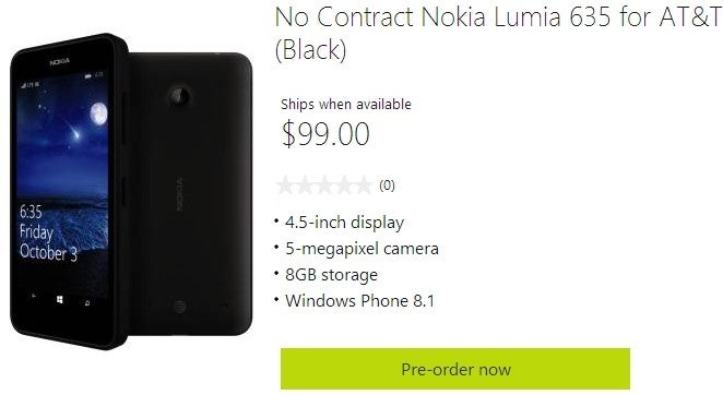Microsoft opens pre-orders for Nokia Lumia 635 in the US, asks $99 for AT&amp;T&#039;s version, and $129 for T-Mobile&#039;s