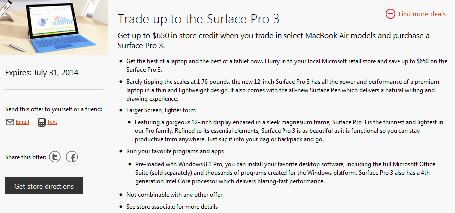 Take as much as $650 off the price of the Surface Pro 3 by trading in your MacBook Air - Take up to $650 off the price of a Microsoft Surface Pro 3 by trading in your Apple MacBook Air