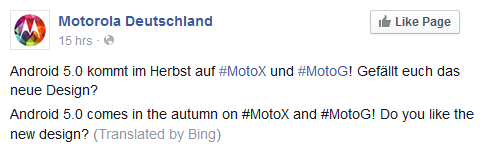 Motorola Germany reveals that Android &quot;L&quot; is coming to the Motorola Moto X and Motorola Moto G - Motorola Moto X and Motorola Moto G in line to receive Android &quot;L&quot; update