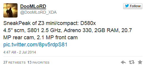 Tweet from DoomLoRD reveals purported specs of the Sony Xperia Z3 Compact - Sony Xperia Z3 Compact specs leak: Snapdragon 801 CPU, 20.7MP rear camera, Android 4.4.2