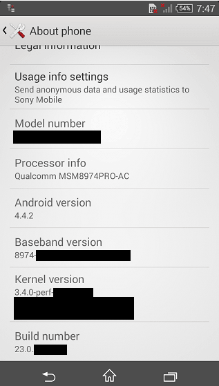 Screenshot of the &quot;About&quot; page, allegedly belonging to the Sony Xperia Z3 Compact - Sony Xperia Z3 Compact specs leak: Snapdragon 801 CPU, 20.7MP rear camera, Android 4.4.2