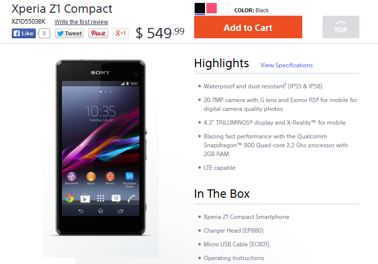 Buy the Sony Xperia Z1 Compact in the U.S. from Sony - Now in the states, the Sony Xperia Z1 Compact is available from the manufacturer's website