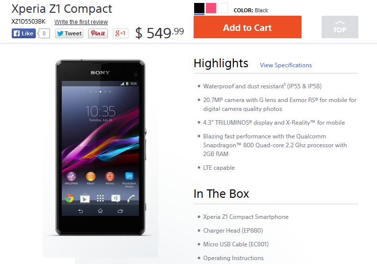 Buy the Sony Xperia Z1 Compact in the U.S. from Sony - Now in the states, the Sony Xperia Z1 Compact is available from the manufacturer&#039;s website