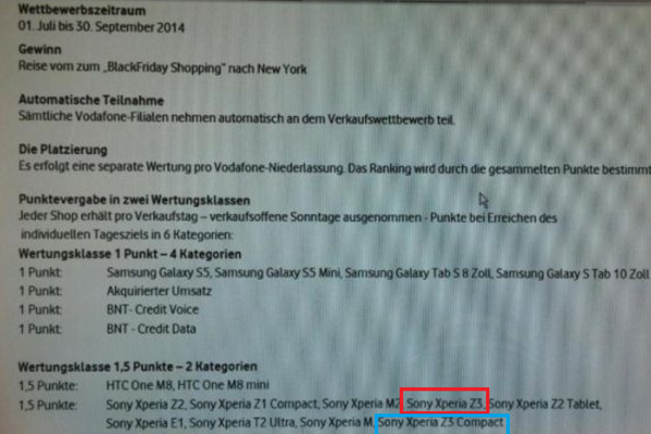 Vodafone raffle rules show both the Sony Xperia Z3 and Sony Xperia Z3 Compact available during September - Sony Xperia Z3 and Sony Z3 Compact to be launched shortly after IFA unveiling?