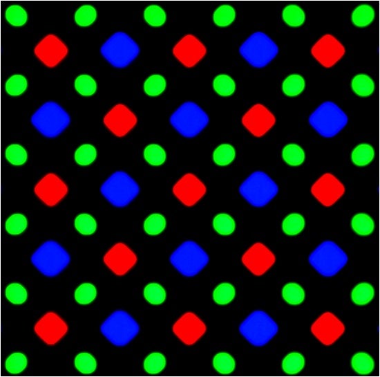 Diamond pixel matrix used in Samsung&#039;s AMOLED displays - Samsung&#039;s first AMOLED Quad HD display gets analyzed: further improved color accuracy, not that green any more