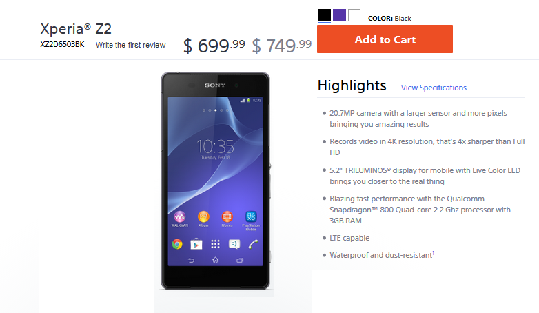 Take $50 off the price of the Sony Xperia Z2 from Sony&#039;s U.S. website - Sony takes $50 off the price of the Sony Xperia Z2 in the U.S.