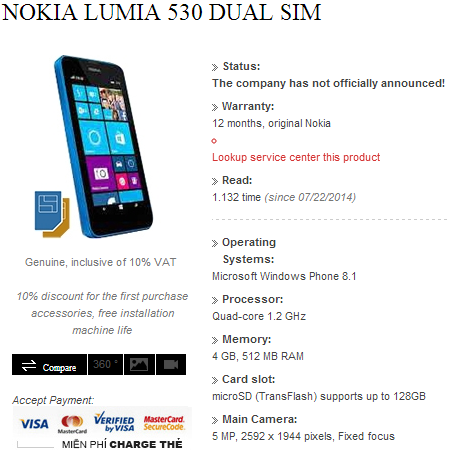 Alleged dual SIM Nokia Lumia 530 revealed by Vietnamese retailer
