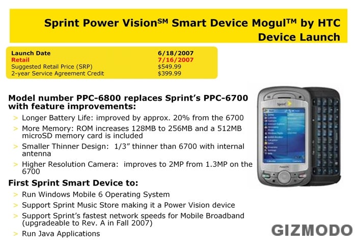 HTC Mogul - Sprint gets PPC-6800 and red UpStage on 18th