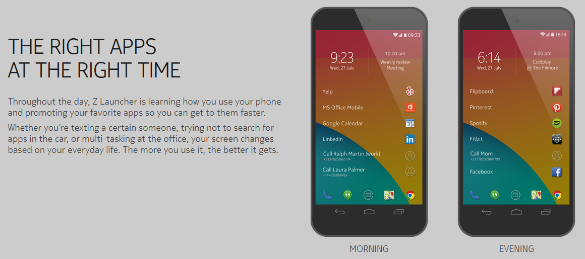 The apps on the Z Launcher home page change depending on the time of day, and your current location - Nokia updates Z Launcher, expands pre-beta trial