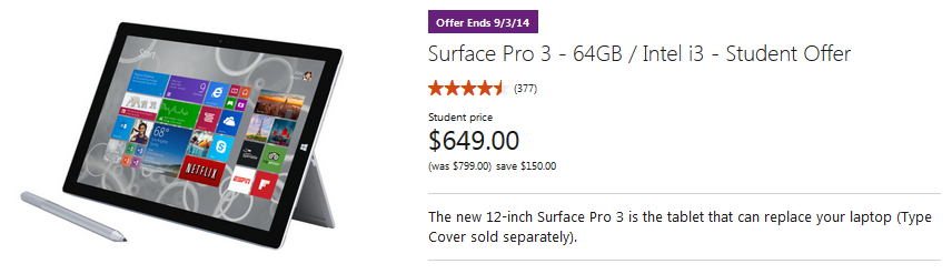 Microsoft is giving students a discount on the price of the Surface Pro 3 - Students can grab a discount on the Microsoft Surface Pro 3