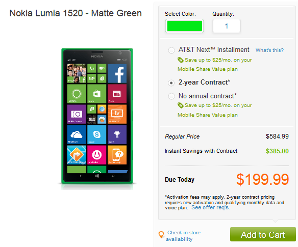 Matte green Nokia Lumia 1520 is $199.99 on contract - Better wear your shades: AT&amp;T offering matte green Nokia Lumia 1520