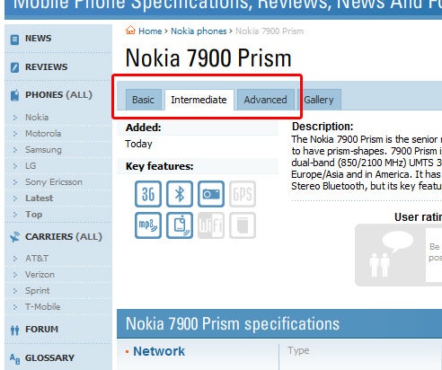 Phone Arena New Feature: Intermediate Specifications
