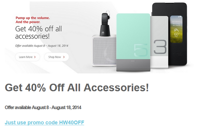 From now through August 18th, all accessories for the Huawei Ascend Mate 2 4G are 40% off with the checkout code - Promo code cuts 40% off the price of accessories for the Huawei Ascend Mate 2 4G, from Huawei's site
