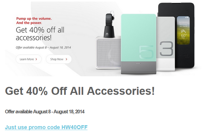 From now through August 18th, all accessories for the Huawei Ascend Mate 2 4G are 40% off with the checkout code - Promo code cuts 40% off the price of accessories for the Huawei Ascend Mate 2 4G, from Huawei&#039;s site