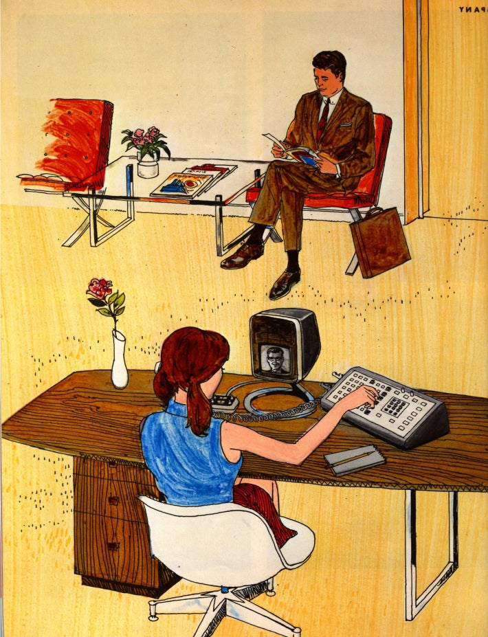 The office of the future, as imagined in 1964. Bell was aiming for 12 million VideoPhone subscribers by 2000 - Did you know that Bell (now AT&T) had video telephone service in 1964?