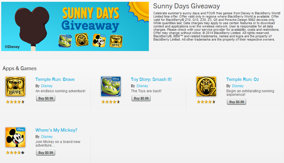 Disney is offering four free games in BlackBerry World - Disney giving away four free games in BlackBerry World