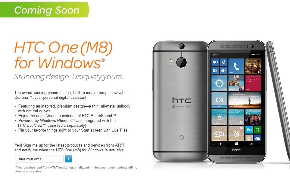 AT&T will offer the HTC One (M8) for Windows too - eventually