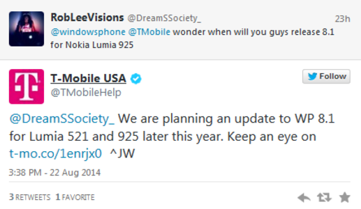 T-Mobile says it will update the Nokia Lumia 521 and Nokia Lumia 925 to Windows Phone 8.1 later this year - T-Mobile's Nokia Lumia 521 and Nokia Lumia 925 to receive Windows Phone 8.1 later this year