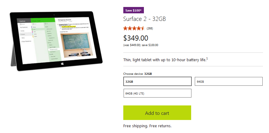 Save $100 off the price of the Microsoft Surface 2 from the online Microsoft Store - Prices slashed by $100 on Microsoft Surface 2 models