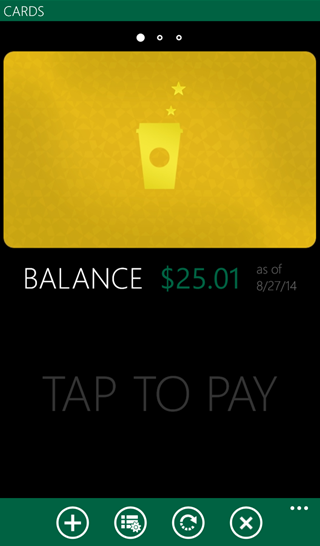 Screenshots from the Windows Phone app MyBucks - Windows Phone users also drink coffee; MyBucks is a Starbucks app for the platform