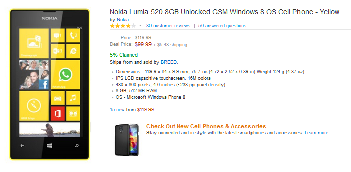Buy the Nokia Lumia 520 from Amazon right now, for $99.99 - The Nokia Lumia 520 is on sale from Amazon now, for $99.99