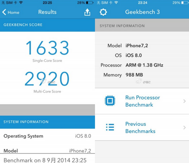 Alleged screenshots from the Geekbench website - Geekbench test shows Apple iPhone 6 to feature 1.4GHz dual-core A8 processor and 1GB of RAM