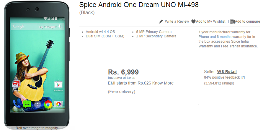 Flipkart has since taken down this listing - Flipkart accidentally posts listing for Android One phone in advance of Monday's event