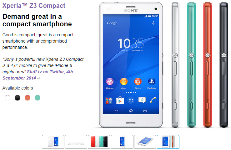 Sony Xperia Z3, Z3 Compact and Z3 Tablet Compact listed as "coming soon" in the US