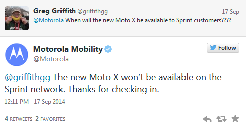 Sprint customers won't get a crack at the Motorola Moto X - Motorola: Sprint customers should call our new phone the Moto Ex