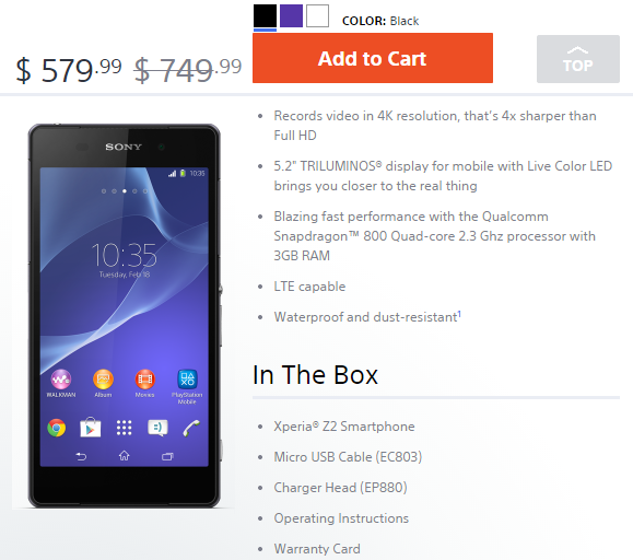 Sony Xperia Z2 gets another price cut in the US (obviously because the Z3 is launching soon)