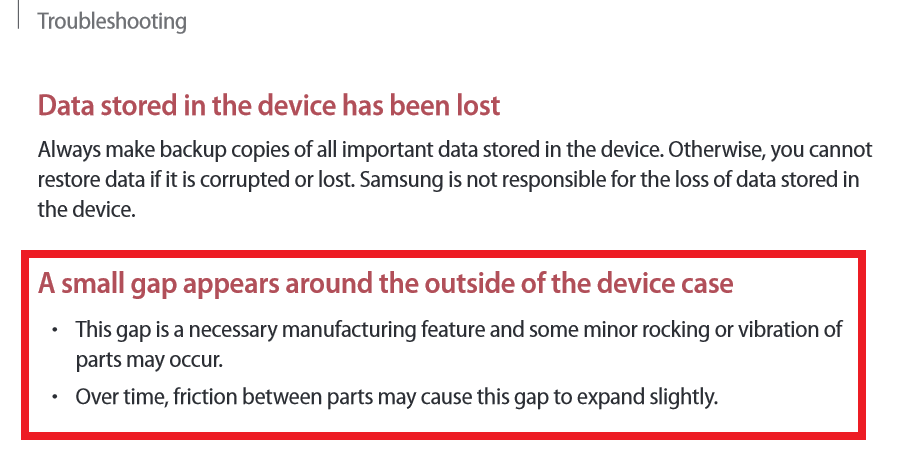 Manual for the Samsung Galaxy Note 4 says that the gap is a necessary manufacturing feature - Samsung Galaxy Note 4 hardware gap is a "necessary manufacturing feature" according to the phablet's manual
