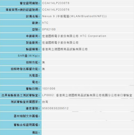 HTC Nexus 9 visits the Taiwan equivalent of the FCC - HTC Nexus 9 tablet confirmed by Taiwan regulators