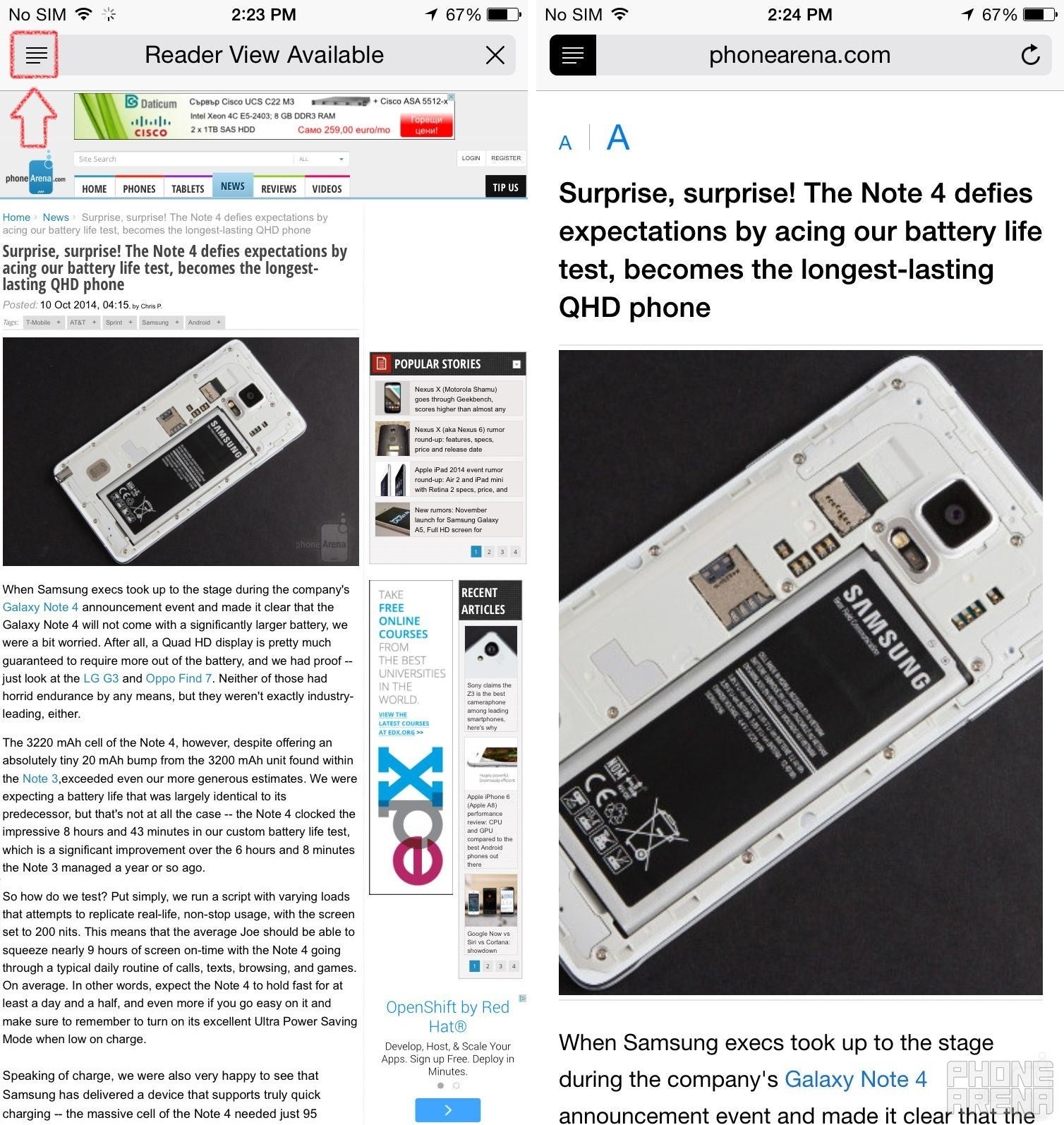 Reader View with Safari for iOS - before and after. - How to turn on Reader View in the iPhones&#039; and iPads&#039; Safari browser