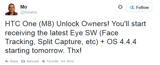 Tweet from HTC executive Mo Versi reveals Eye Experience update for unlocked U.S. models of the HTC One (M8) for tomorrow - U.S. unlocked HTC One (M8) to get Eye Experience update on Tuesday