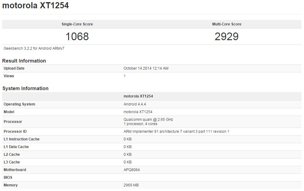 Droid Turbo Geekbench score. - Motorola Droid Turbo/Quark (XT1254) benchmarks leak out, coming October 28th on Verizon