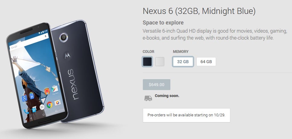 Pre-orders for Nexus 6 to officially begin October 29