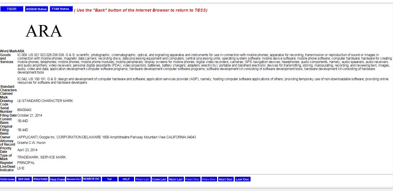 Google files in a trademark application for "ARA" with the USPTO