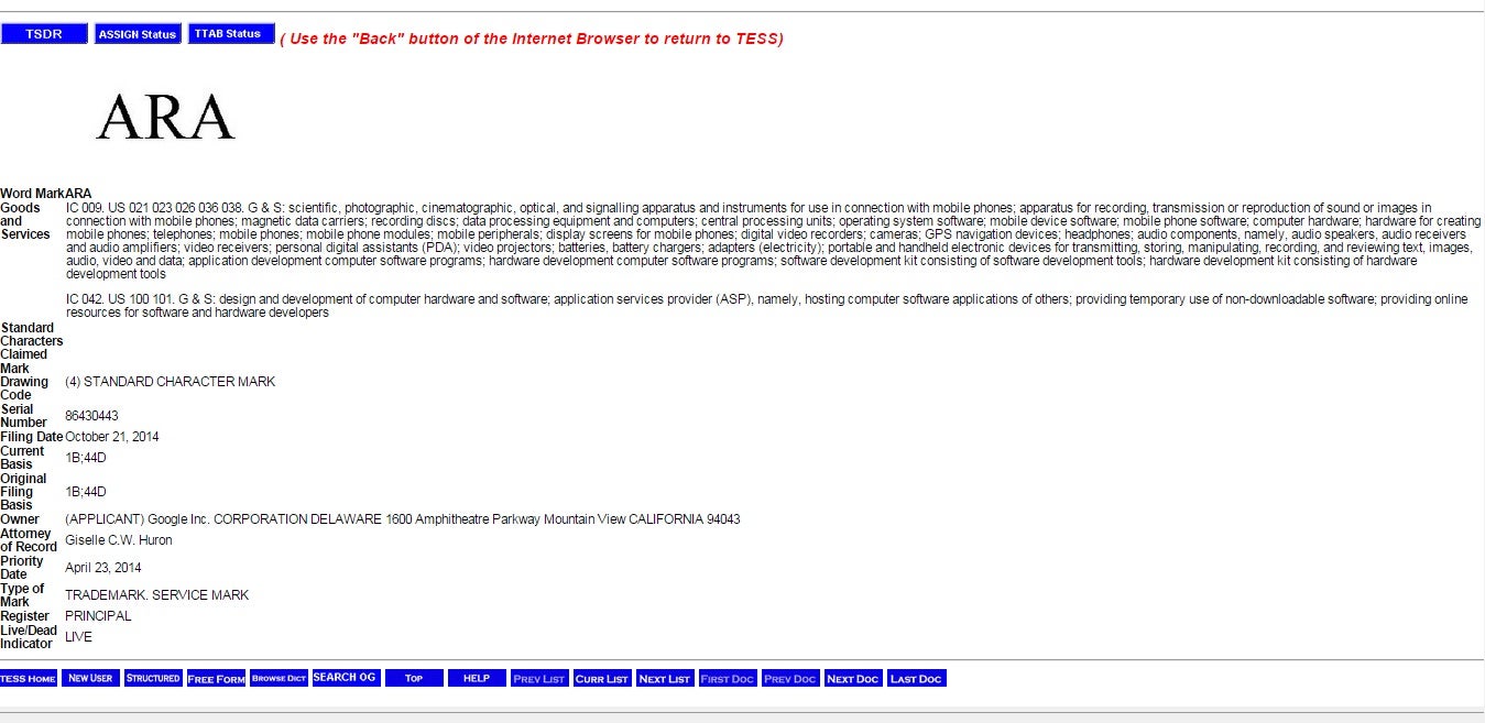 Google files in a trademark application for &quot;ARA&quot; with the USPTO