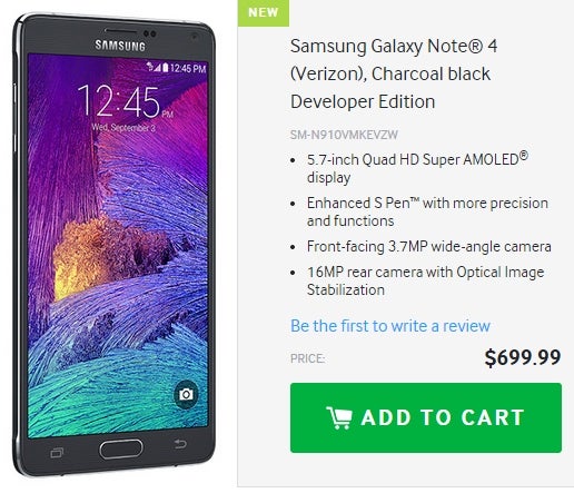 Samsung Galaxy Note 4 Developer Edition (for Verizon) available now, costs $699.99
