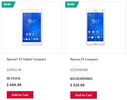 Sony Xperia Z3 Tablet Compact now in stock in the US, Z3 Compact backordered