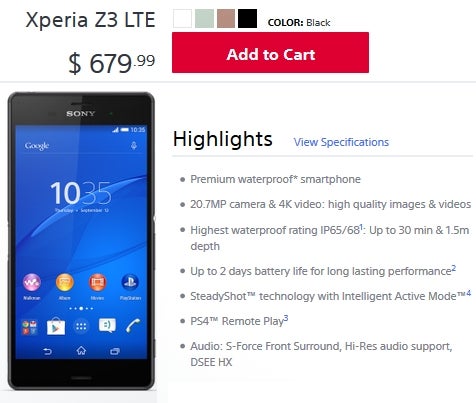 Unlocked Sony Xperia Z3 available to order in the US from Sony Store