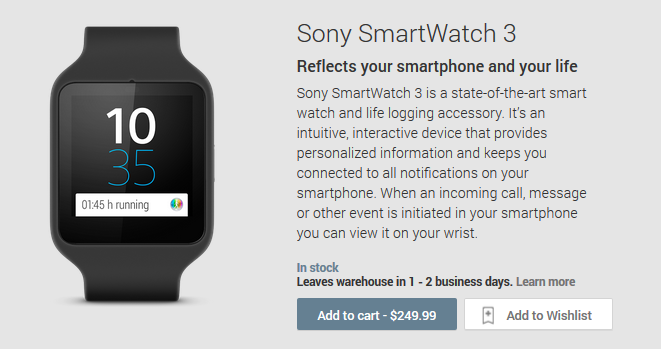 The Sony SmartWatch 3 is now available from the Google Play Store - Sony SmartWatch 3 in stock at the Google Play Store