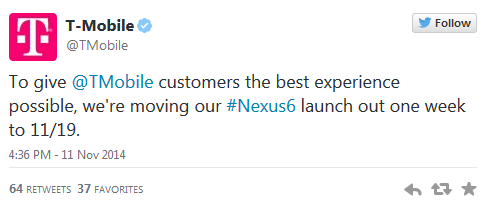 T-Mobile delays its Nexus 6 launch by one week - T-Mobile delays launch of Nexus 6 by one week