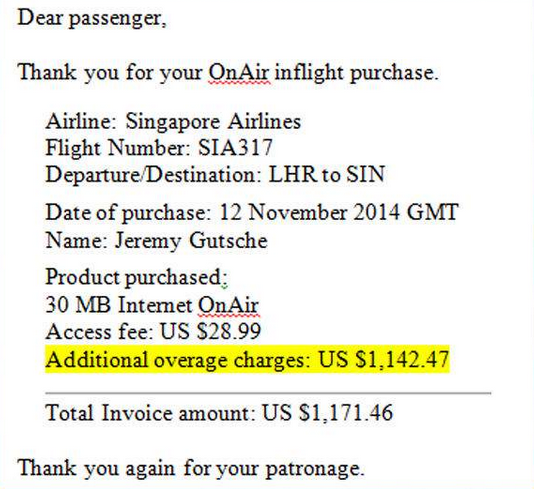 Passenger is presented with a huge Wi-Fi bill from Singapore Airlines flight - Passenger on Singapore Airlines flight is presented with $1171.46 bill for Wi-Fi service