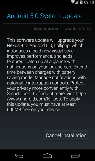 Android 5.0 has arrived for the Nexus 4 - Android 5.0 now rolling out for the Nexus 4
