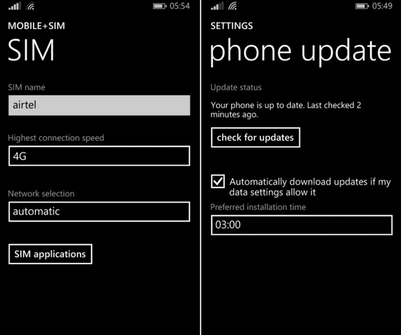 At left, the highest connection speed can be set at 4G in India following the update; on the right, future Windows Phone updates can be scheduled after installing the new build of Windows Phone 8.1 update 1 - Latest Windows Phone 8.1 Developer Preview update brings real time battery percentage tile and more