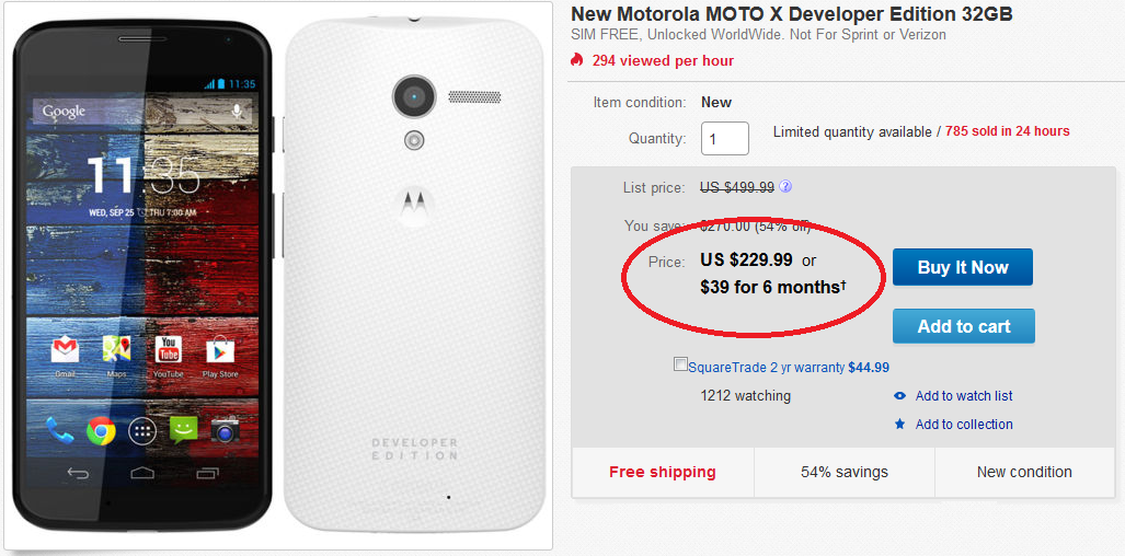 Get the Motorola Moto X Developer Edition at a 54% savings - Last year&#039;s Motorola Moto X Developer Edition on sale at eBay for $229.99