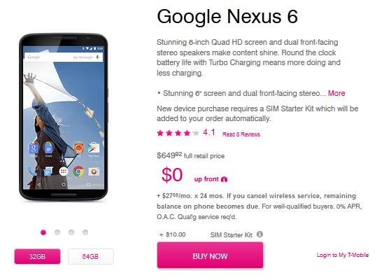 Nexus 6 now available from T-Mobile - Nexus 6 now available at T-Mobile for as low as $27.08 a month