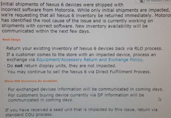 Leaked memo reveals recall of AT&amp;amp;T branded Nexus 6 models - Report: Software mistake by Motorola requires recall of AT&amp;T branded Nexus 6